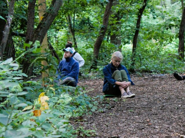 photo of participants meditating in the woods