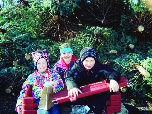 Kids-At-Tree-Recycling photo of children in front of tree recycling pile